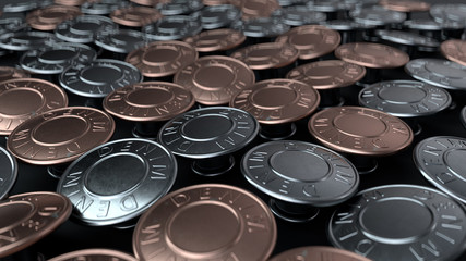 The random metal buttons with a grid structure on the black surface with a depth of field, 3d illustration