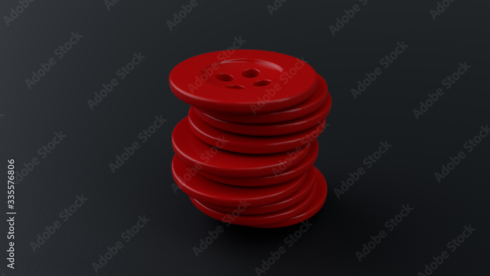 Poster the column of red buttons on the black rubber surface with a depth of field, 3d illustration