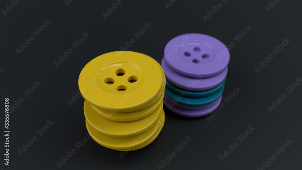 Aufkleber the two columns of colorful plastic buttons on the black rubber surface with a depth of field, 3d il