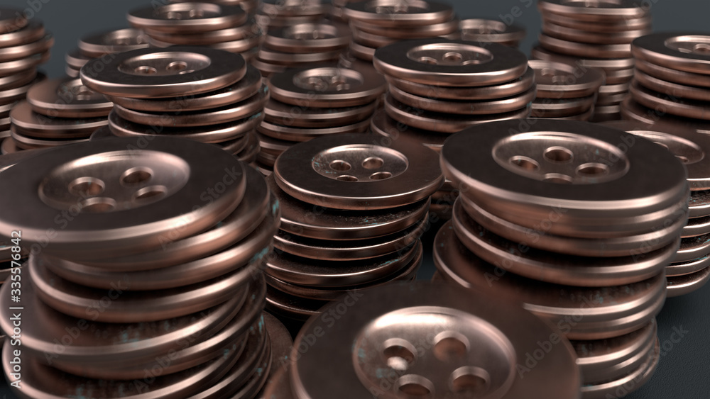 Aufkleber the columns of iron buttons on the black surface with a depth of field, 3d illustration