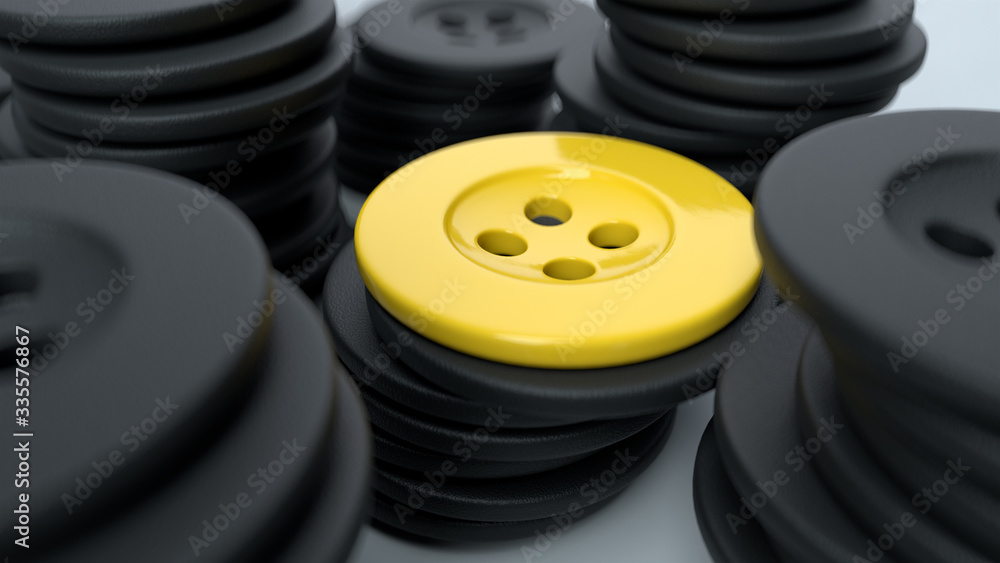 Poster the columns of black rubber buttons on the white surface with a depth of field, one yellow button, 3