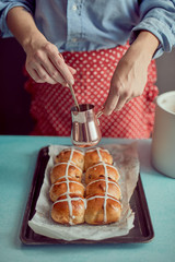 Freshly baked hot cross buns