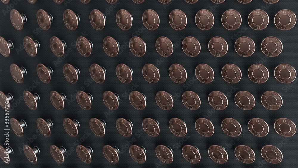 Poster the iron buttons formed a grid structure on the black surface with a depth of field, 3d illustration