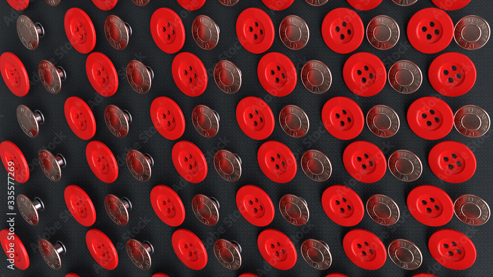 Poster the iron and plastic buttons formed a grid structure on the black surface with a depth of field, 3d 