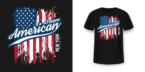 T-shirt graphic design with american flag and grunge texture. New York City typography t shirt and apparel design. Vintage and authentic print on t-shirt mockup
