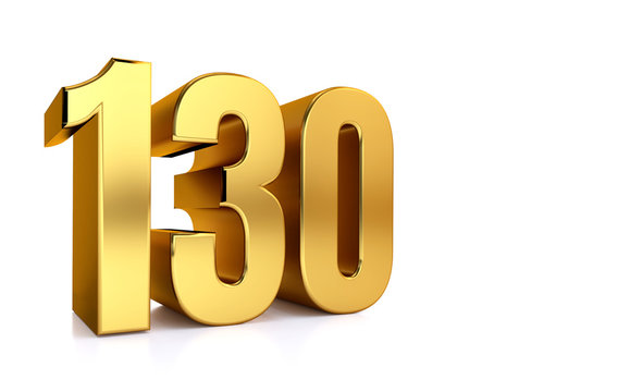 one hundred thirty, 3d illustration golden number 150 on white background and copy space on right hand side for text