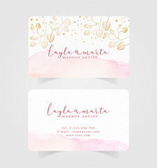 Business card pink splash watercolor and floral background