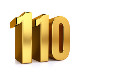 one hundred ten, 3d illustration golden number 110 on white background and copy space on right hand side for text