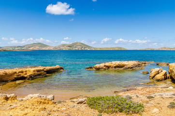 Beautiful bay with turquoise sea water during spring on Paros island, Greece