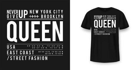 T-shirt graphic design in minimalistic style. New York City typography t shirt and apparel design. Urban and authentic print on t-shirt mockup © Yevhenii