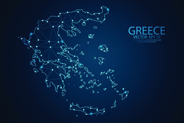 Abstract mash line and point scales on Dark background with map of Greece. Wire frame 3D mesh polygonal network line, design polygon sphere, dot and structure. Vector illustration eps 10.