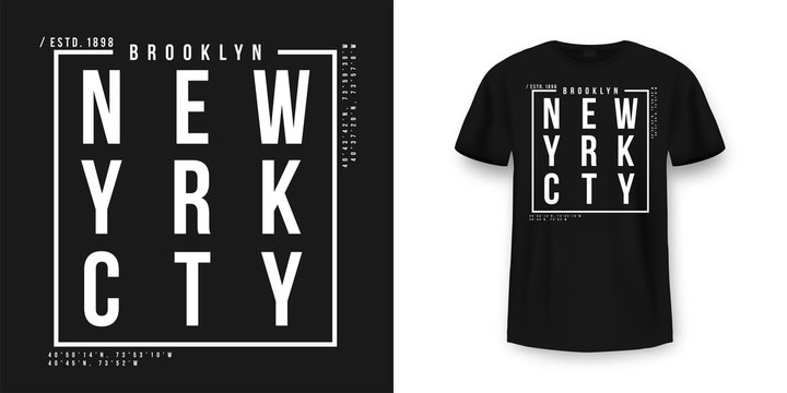 T-shirt Graphic Design In Minimalistic Style. New York City Typography T Shirt And Apparel Design. Urban And Authentic Print On T-shirt Mockup