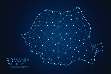 Abstract mash line and point scales on Dark background with map of Romania. Wire frame 3D mesh polygonal network line, design polygon sphere, dot and structure. Vector illustration eps 10. - obrazy, fototapety, plakaty