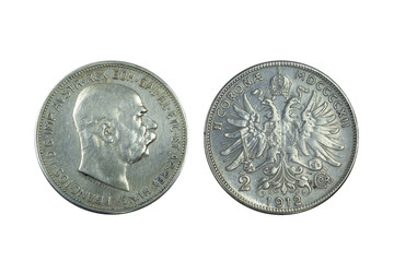 Austrian Empire silver coin 2 corona 1912 head of Franz Joseph, imperial eagle with shield on chest...