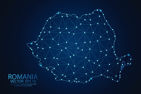 Abstract mash line and point scales on Dark background with map of Romania. Wire frame 3D mesh polygonal network line, design polygon sphere, dot and structure. Vector illustration eps 10.