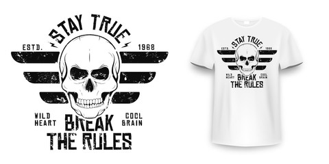 Rock and roll t-shirt graphic design with skull. Rock music slogan for t-shirt print and poster. Skull with grunge texture in vintage and hipster style