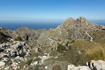 View of the road that goes from Coll dels Reis to Sa Calobra. It has 26 curves, the last one on the top has a 270 ° turn. Mallorca Spain.