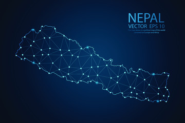 Abstract mash line and point scales on Dark background with map of Nepal. Wire frame 3D mesh polygonal network line, design polygon sphere, dot and structure. Vector illustration eps 10.