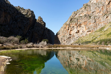 Fototapeta premium Mouth of the Torrent de Pareis. A valley sculpted for millennia by the action of water, its vertical walls reach reach 200 m in some points.