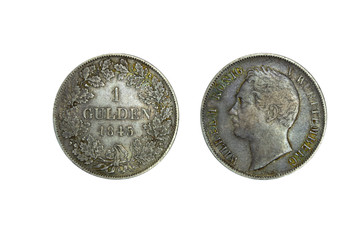 Germany Wurttemberg silver coin 1 gulden 1845, head of William I, denomination and date within oak wreath