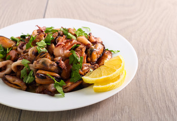 Seafood mix stir fry, served