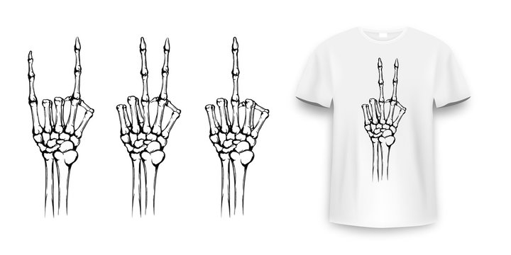 T-shirt design with skeleton hands. Vintage typography for tee print, skeleton hand with different gestures. Hand drawn human hands with bones fo tee print