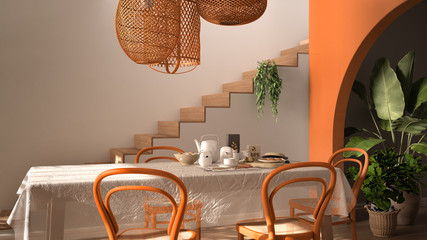 Vintage retro dining room with wooden table and chairs in orange tones, breakfast buffet, rattan pendant lamps, parquet floor, archways with potted plants, staircase, interior design