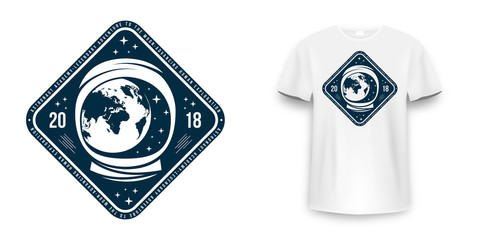 Space badge with astronaut helmet. Vintage astronaut label, patch or embroidery for t-shirt print. T-shirt graphic in space concept © Yevhenii