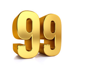 ninety nine, 3d illustration golden number 110 on white background and copy space on right hand side for text