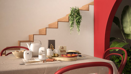 Vintage retro dining room with wooden table and chairs in red tones, breakfast buffet, rattan pendant lamps, parquet floor, archways with potted plants, staircase, interior design