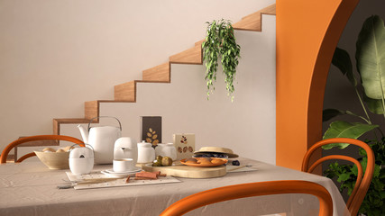 Vintage retro dining room with wooden table and chairs in orange tones, breakfast buffet, rattan pendant lamps, parquet floor, archways with potted plants, staircase, interior design