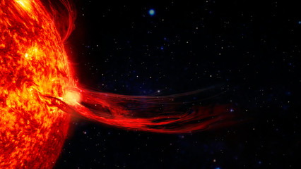 Solar prominence, solar flare, and magnetic storms. Plasma flash on the surface of a star - 335579633