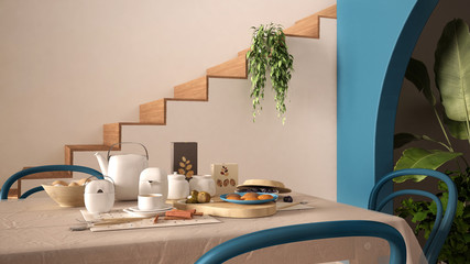 Vintage retro dining room with wooden table and chairs in blue tones, breakfast buffet, rattan pendant lamps, parquet floor, archways with potted plants, staircase, interior design