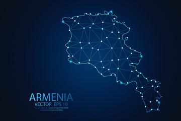 Obraz premium Abstract mash line and point scales on dark background with Map of Armenia. Wire frame 3D mesh polygonal network line, polygon design sphere, dot and structure. Vector illustration eps 10.