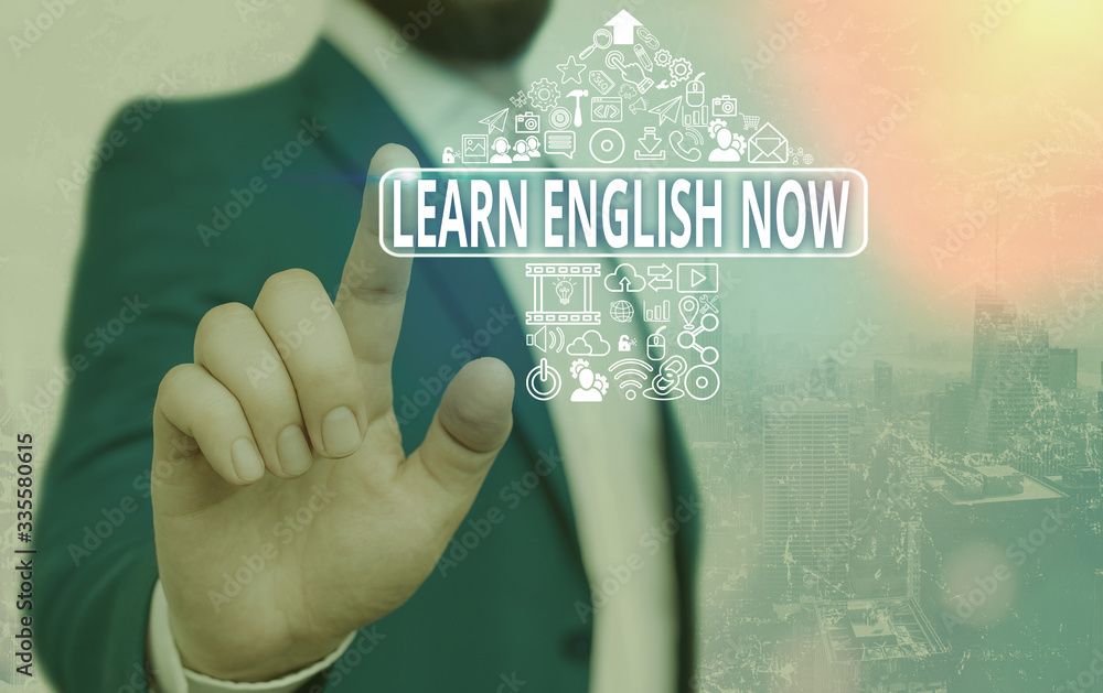 Poster text sign showing learn english now. business photo text gain or acquire knowledge and skill of engl