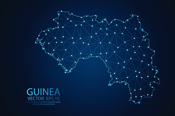 Abstract mash line and point scales on dark background with Map of Guinea. Wire frame 3D mesh polygonal network line, polygon design sphere, dot and structure. Vector illustration eps 10.