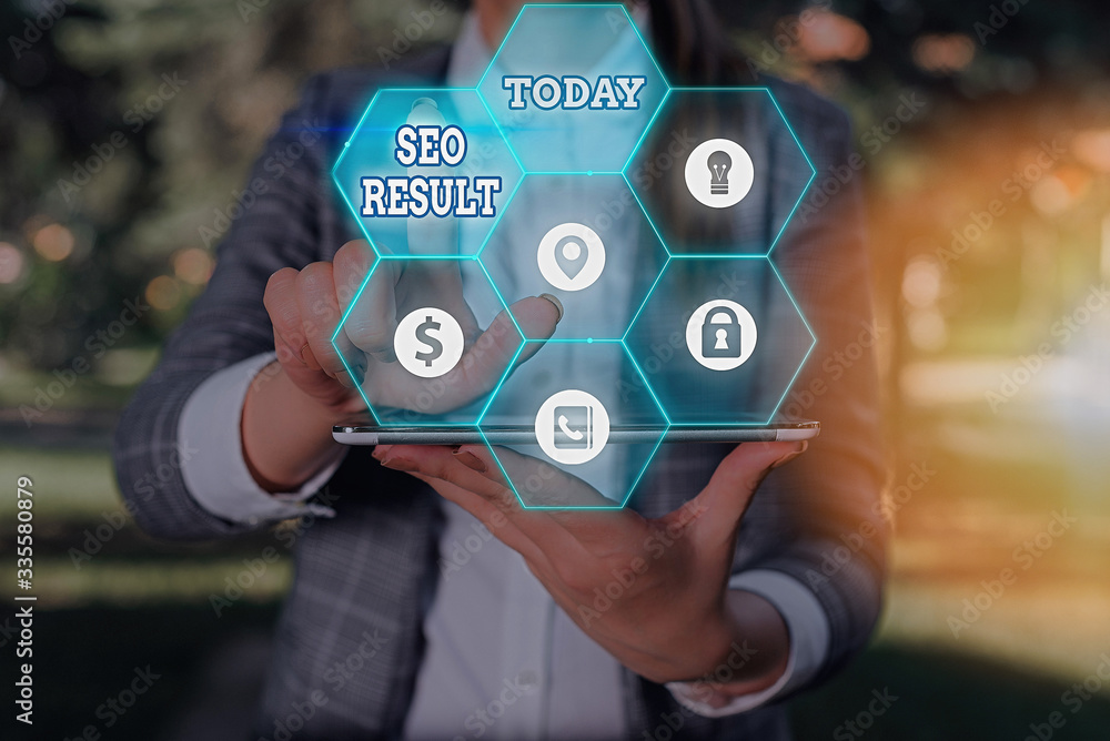 Poster word writing text seo result. business photo showcasing the list created by search engines in respon