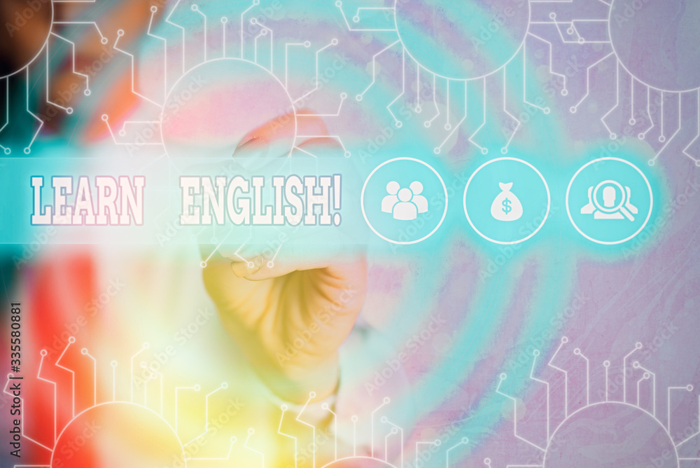 Poster word writing text learn english. business photo showcasing gain acquire knowledge in new language by