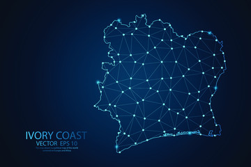 Abstract mash line and point scales on dark background with Map of Ivory Coast. Wire frame 3D mesh polygonal network line, polygon design sphere, dot and structure. Vector illustration eps 10.