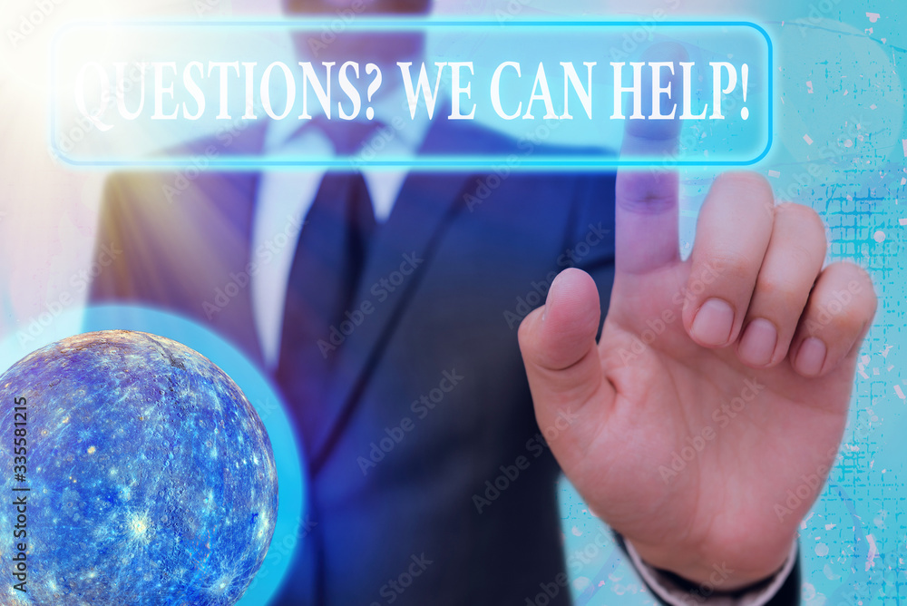 Poster writing note showing questionsquestion we can help. business concept for offering help to those who 