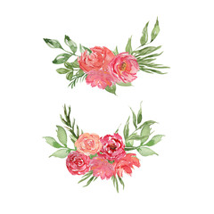 Watercolor illustration of a floral wreath, set of pink flowers. Hand-drawn with watercolors and suitable for all types of design and printing.