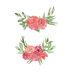 Behang Watercolor illustration of a floral wreath, set of pink flowers. Hand-drawn with watercolors and suitable for all types of design and printing. © Анна Давыденкова