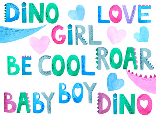 Watercolor cute color words, roar, baby dino, stylized, phrases illustration for kids clipart