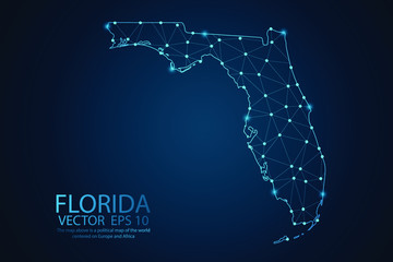 Abstract mesh line and point scales on dark background with map of Florida. Wire frame 3D mesh polygonal network line, design sphere, dot and structure. Vector illustration eps 10.