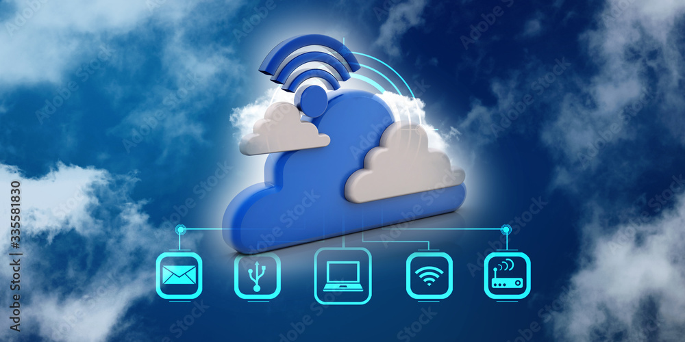 Poster 3d rendering cloud online storage icons with wifi