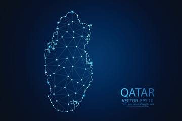 Abstract mash line and point scales on Dark background with map of Qatar. Wire frame 3D mesh polygonal network line, design polygon sphere, dot and structure. Vector illustration eps 10.