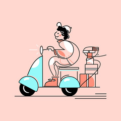 Courier on a moped delivers a package. Flat vector color cartoon