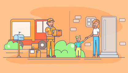 Courier is holding a box. Flat cartoon vector color illustration