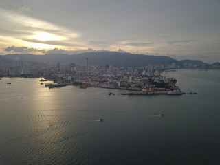 Fototapeta premium Aerial view two boats move at the sea of Penang island.
