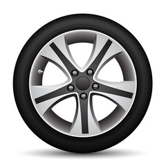 Fototapeta premium Realistic car wheel alloy black tire on white background vector illustration.